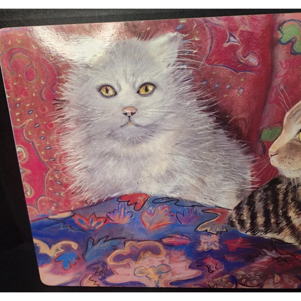 Vtg Cat Cork Backed Mat/Art White Persian & Tabby 17x11.5 Kitchy/Frame as Pic.